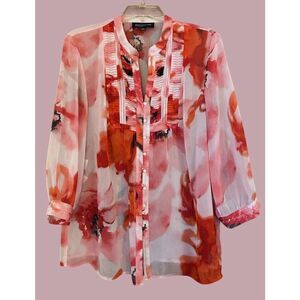 Trendy Jones New York Pink and‎ Red Sheer Floral Blouse Size Petite Small